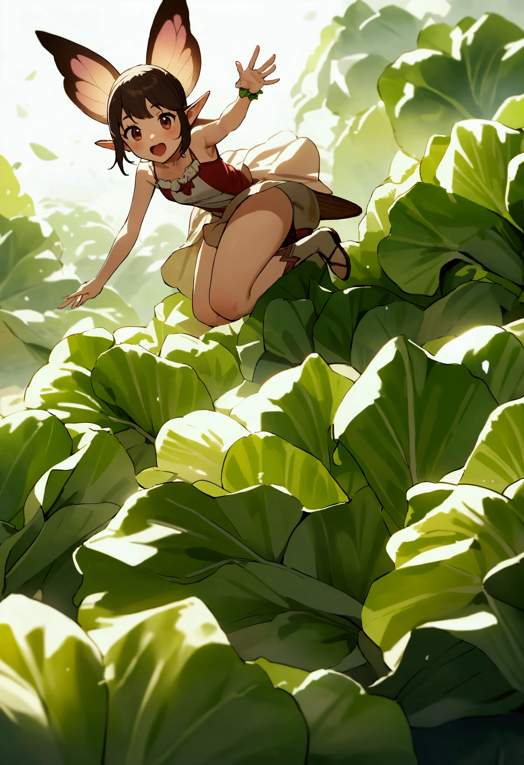 a fairy flying over a pile of Lettuce , holding one Lettuce on her hand