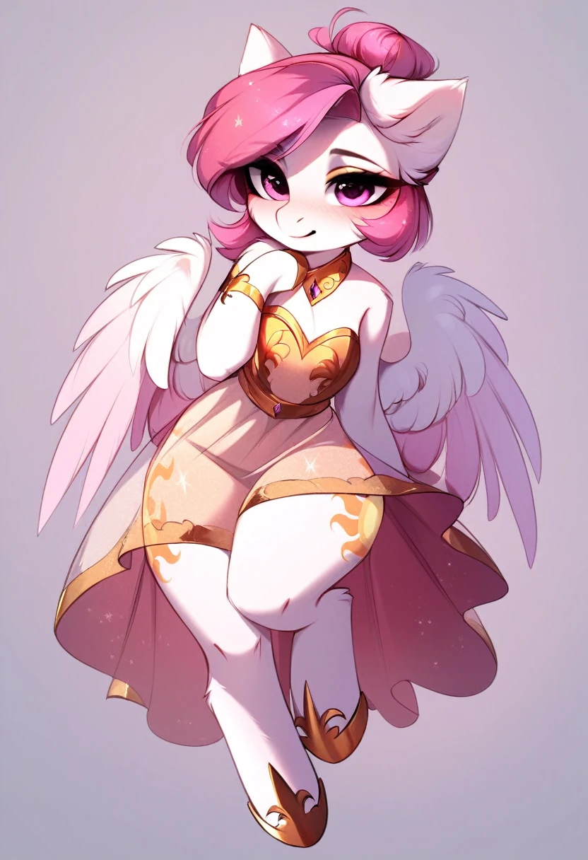 check_9, check_8_up, check_7_up, source_fluffy, rating_safe, from Magnaluna, Celestia poses seductively in a white bedroom, dark pink mane with gold stripes in it, hair bun with long bangs, pink eyes, white body, thick thighs, anthro, blushing, wearing peach colored see through dress, full body