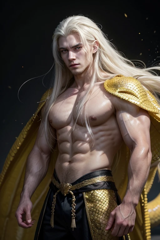 young handsome man with long white hair that reaches his shoulders with his yellow eyes and his arms have dragon scales