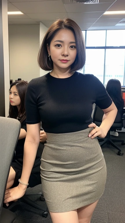 Highly detailed face and skin texture, Beautiful Eyes, double eyelid,((Mature adult woman))、((Middle-aged women))、((55 years old))、 charm,Tight Skirt,Brown short hair,On the office chair,A skirt that hugs the hips,Big Don'leak, High-resolution facial features,A kind smile、((Big Tits 1.8))