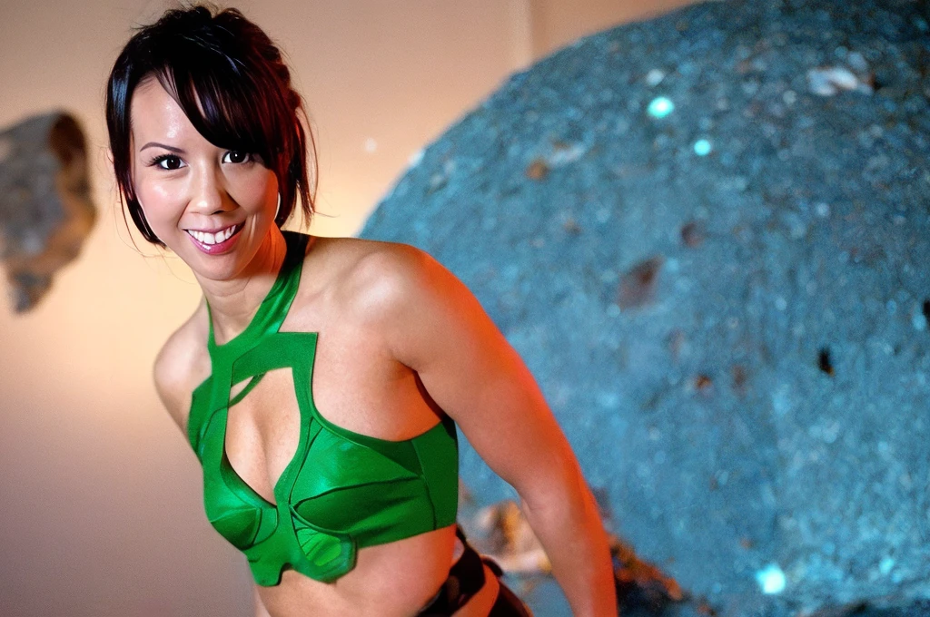 Lexa Doig (age 25) is a Green Lantern (sexy green lantern costume, stomach exposed, breasts overexposed), she is on an asteroid in a heroic pose, green aura