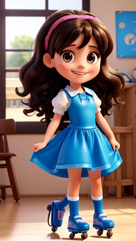 photo of marina, a 7 year old girl, happy and smiling, brunette, big wavy black hair, black eyes, blue dress, roller skating
