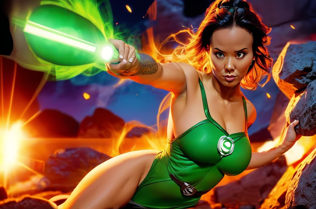 Lexa Doig (age 25) is a Green Lantern (sexy green lantern costume, stomach exposed, breasts overexposed), she is on an asteroid in a heroic pose, green aura
