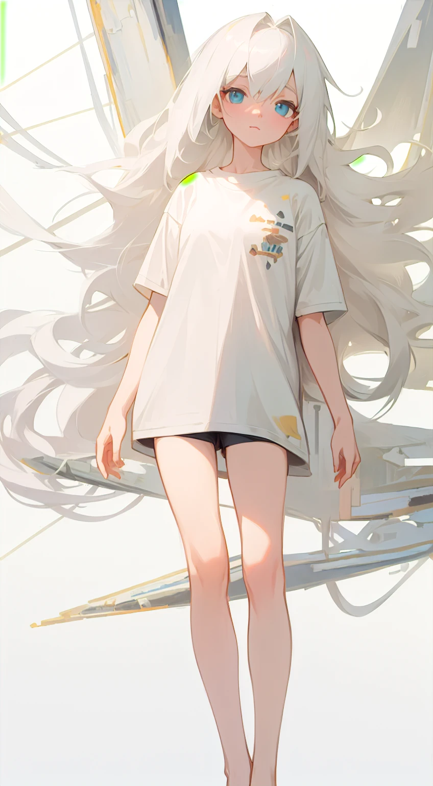 ((4k,masterpiece,best quality)), 
1 girl, solo, white hair, long hair, white, white t-shirt tshirt, white background, ,standing, full body, full body, only wearing a t-shirt、Wearing only t-shirt, barefoot、Wearing only t-shirt, barefoot、Wearing only t-shirt, barefoot, simple background