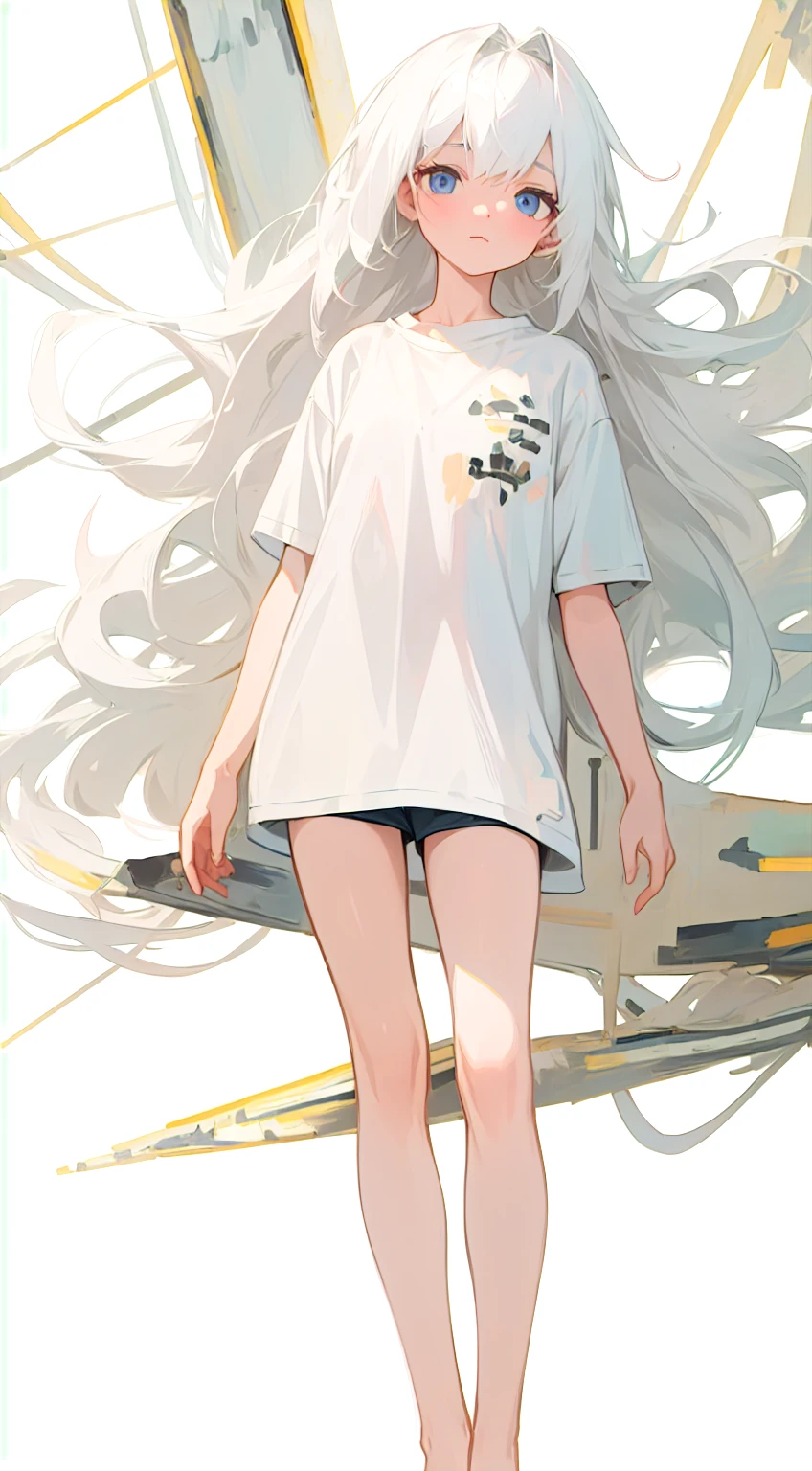 ((4k,masterpiece,best quality)),
1 girl, solo, white hair, long hair, white, white t-shirt tshirt, white background, ,standing, full body, full body, only wearing a t-shirt、Wearing only t-shirt, barefoot、Wearing only t-shirt, barefoot、Wearing only t-shirt, barefoot, simple background
