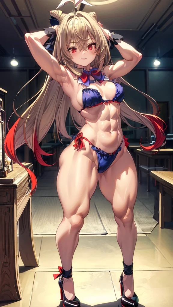 (((1  girl))), when he plows, (Red eyes: 1.5), blond hair, Long hair, conical hair bun, hair ornament, hair shots, Ahoge, fringe, blue bow tie, (Wearing a sexy rpleyboy bunny outfit), has, (muscular belly), muscular abs, Wide hips, Thin waist, small breasts, ng sexy))), wearingack heels, (((standing)) ), {{{Full body photo}}}, Cheerful and funny, REST looking at the viewer , breaking and entering, classroom, interval (masterpiece: 1.2), Best Quality, highest resolution, unity wallpaper 8k, (illustration: 0.8), (beautiful detailed eyes: 1, 6), extremely detailed face, perfect lighting, Extremely detailed CG, (perfect red nails, perfect anatomy), {anatomically correct}