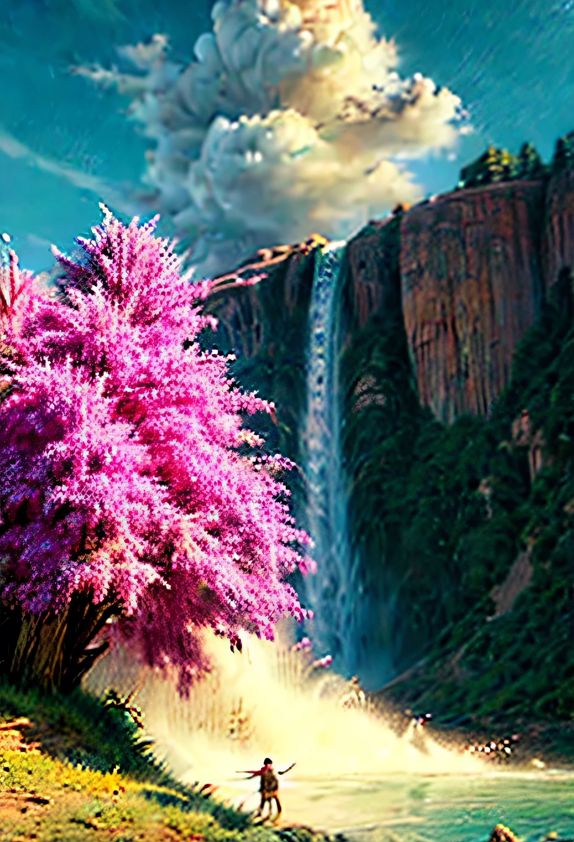 conceptual artwork,conceptual artwork,Samia, tree, Scenario, nube, plein-air, sky, giorno, moutain, gram, naturey, mksks style, best qualityer, perfect, boto cor de rosa, Brazilian folklore, ((super quality))