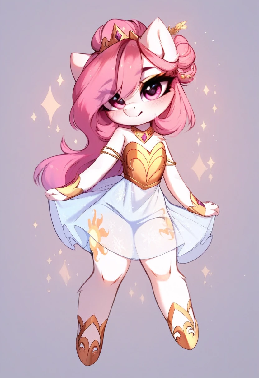 check_9, check_8_up, check_7_up, source_fluffy, rating_safe, from Magnaluna, Celestia poses seductively in a white bedroom, dark pink mane with gold stripes in it, hair bun with long bangs, pink eyes, white body, thick thighs, anthro, blushing, wearing peach colored see through dress, full body