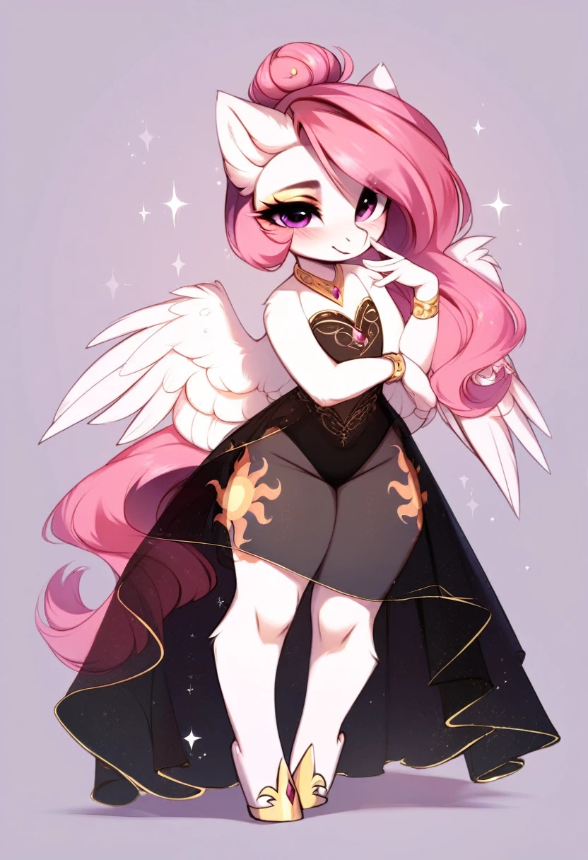 check_9, check_8_up, check_7_up, source_fluffy, rating_safe, from Magnaluna, Celestia poses seductively in a white bedroom, dark pink mane with gold stripes in it, hair bun with long bangs, pink eyes, white body, thick thighs, anthro, blushing, wearing peach colored see through dress, full body