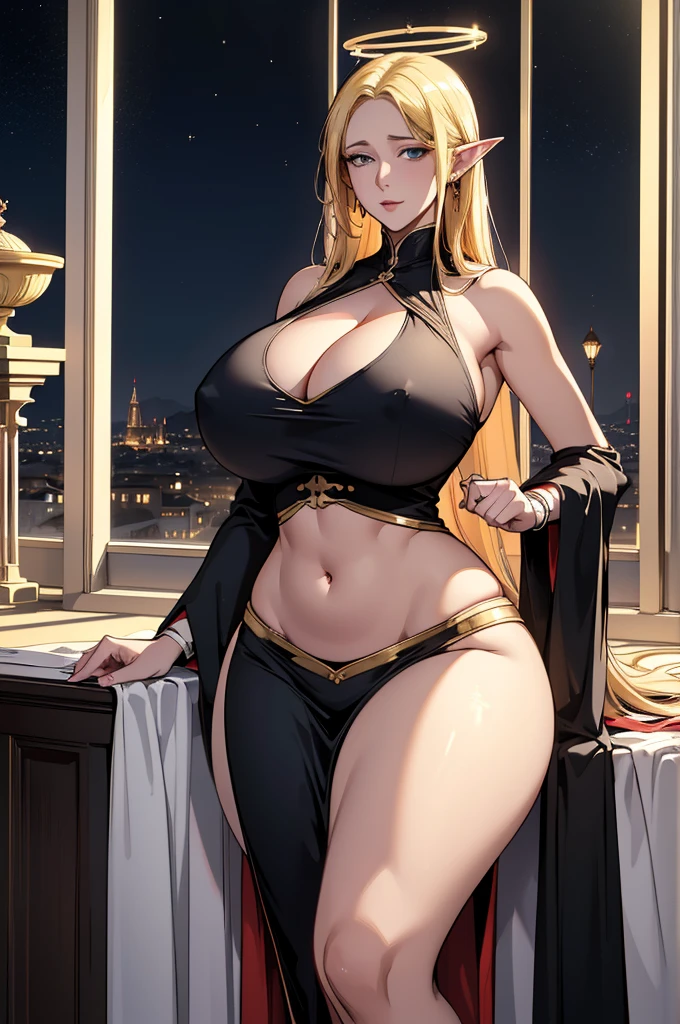 High Contrast, (8K UHD:1.2), (Realistic:1.2),(masterpiece:1.4), (Highest quality:1.4),Highly detailed wallpaper, Highly detailed illustration, (1 female), (Best lighting) , (Very intricate details) , 4K Integration, (Super fine CG: 1.2) , (8k: 1.2),(original), (masterpiece) , (Highest quality),(masterpiece:1.4),((Standing in front of a castle window at night)), Beautiful light hues,(masterpiece, のficial art),Unohana Yachiru (Bleach),Exposed sideboob,revealing sexy clothes,Noble Elf Woman,Adult female,Queen,elegant,(eyelashes), Curvaceous, (Mature Woman),elegant face,Blonde Hair, Green Eyes,Confused eyes,Long Hair,( Mature Woman, Sensual),超Perfect bodyカーブ,(Large Breasts:1.5),(((((Huge breasts))))),(((Wide Hips, Thick thighs))),Perfect body,Looking Down,Halo overhead,Sexy nun,tall, Seductive pose,Pillar Box, belly button, jewelry,cuffs,dress, Cleavage, large 胸, Hip vents,Sitting, Center opening, Tentacles, Exposing shoulders, golden hind,
