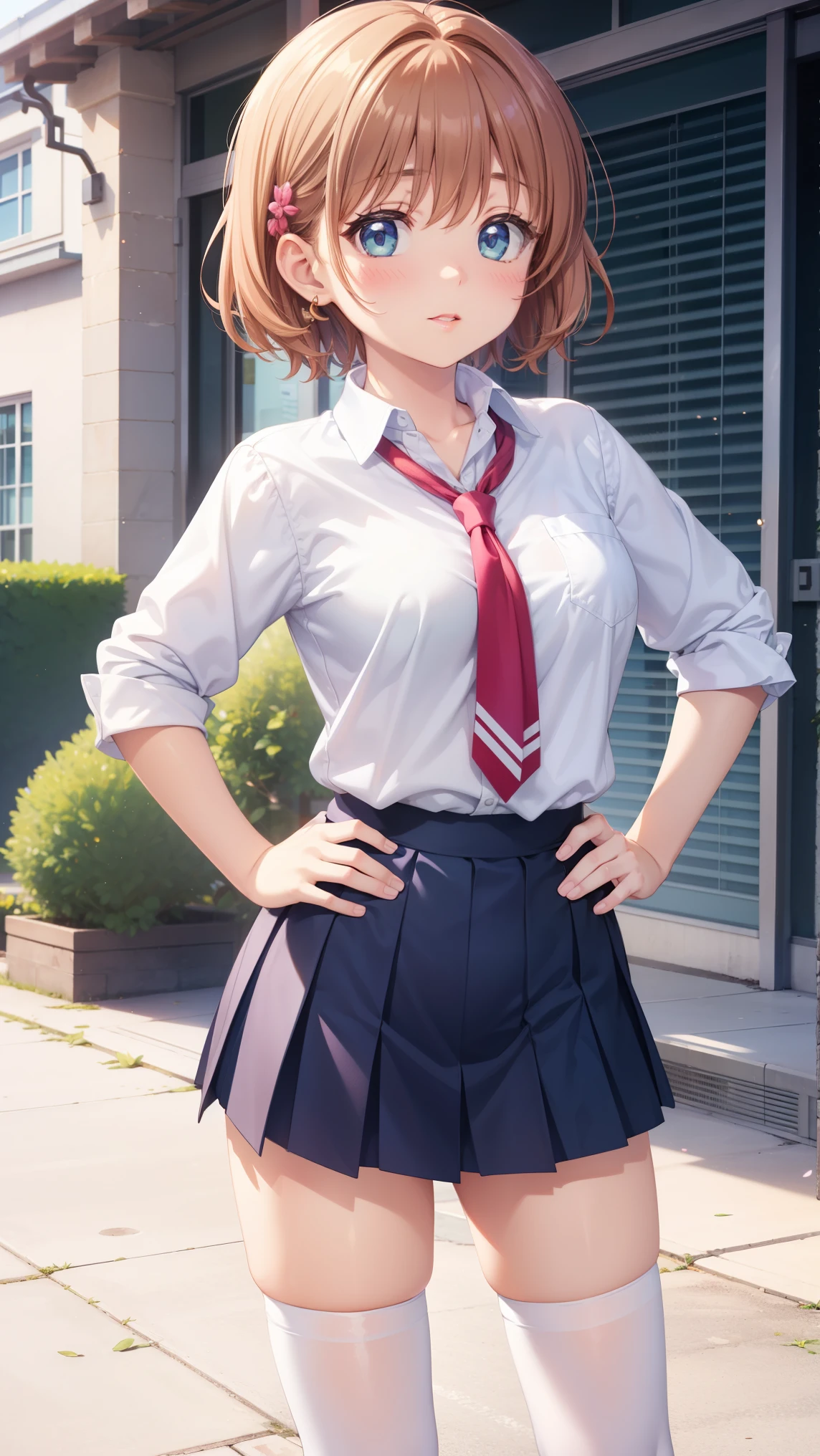 masterpiece, best quality, highres, 1girl, detailed face, blush, anime CG style, (medium breasts), aichan, good lighting, perfect body, sakura kinomoto, glossy lips, looking at viewer, school courtyard, white school shirt, pleated miniskirt, white thigh highs, hand on hip