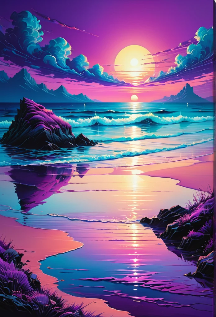 sea, beach, calm sea, sunset, reflection, purple theme, retrowave, detailed landscape, horizon, flat, sea foam,