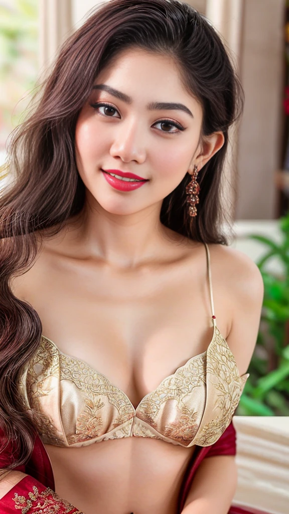instagram photo, closeup face photo of 23 y.o Chloe in kebaya, Red Lipstick, sensual Lipstick, Sensational Make Up, cleavage, pale skin, (smile:0.4), hard shadows, White G-STRING, bright lighting