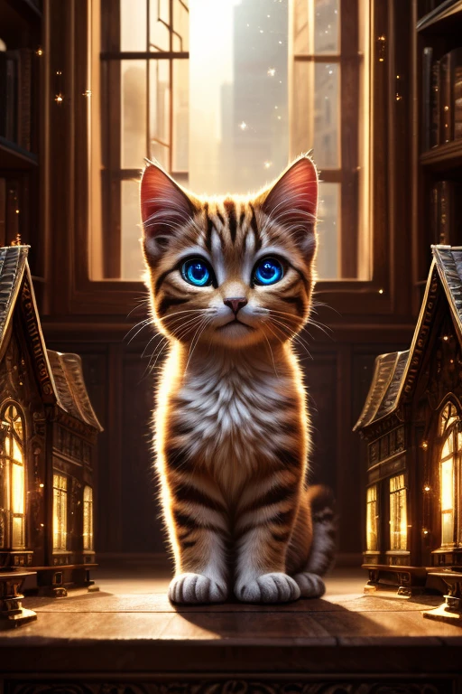 (Highest quality、masterpiece、8k))、Anatomically correct、Very detailed、High resolution、Realistic、((Beautiful, sparkling, detailed eyes))、Intricate details、Cinematic lighting、((Dynamic composition))、Cute kitten、Diorama、small building、Small person