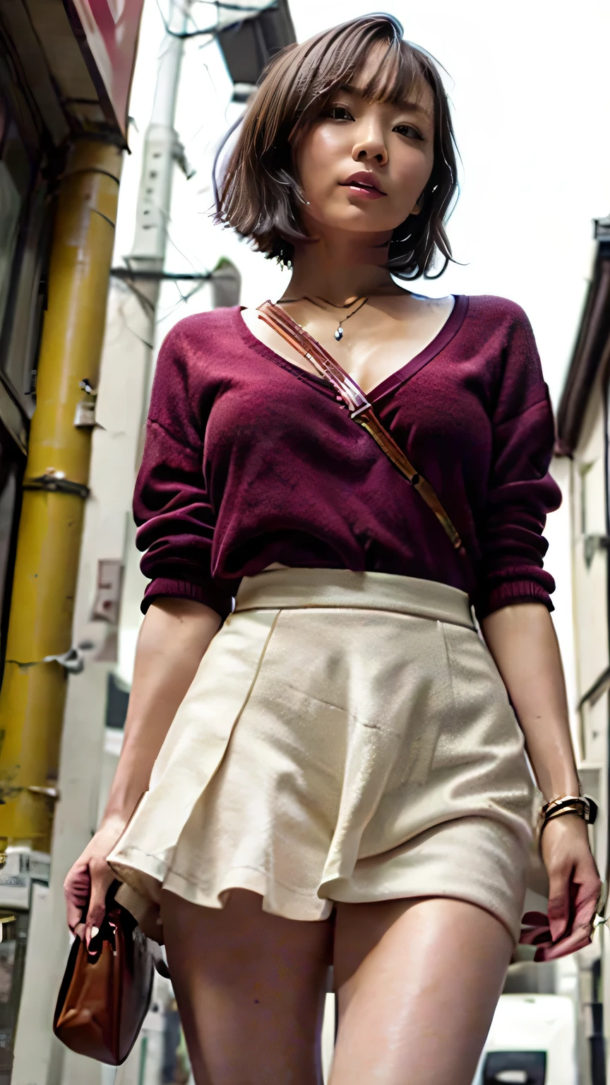 Tokyo Street、Woman walking on the street、Boyish Woman、the wind is strong、(Realistic、Like a photograph、Live Action、8k, Realistic, RAW Photos, Best image quality: 1.4), Single-lens reflex camera、RAW Photos, Highest quality, Realistic, Highly detailed CG Unity 8k wallpaper, Written boundary depth, Cinematic Light, Lens flare, Ray Tracing, Realistic background、(No sleeve:1.4、Short flared skirt:1.4、Small breasts)、(Carrying the guitar、The guitar strap passes between her breasts、paisla)、((Silver Inner Color Hair:1.1))、Cute Japanese Band Girls、((whole body:1.5))、(short hair:1.2、My hair flutters in the wind:1.5)、I like that style、stylish、Very detailed、Pay attention to the details、Perfect outfit、(White skin)、Beautiful feet:1.1、(View from below:1.2)、Accurate Arm、Meet on a street corner、Super detailed face