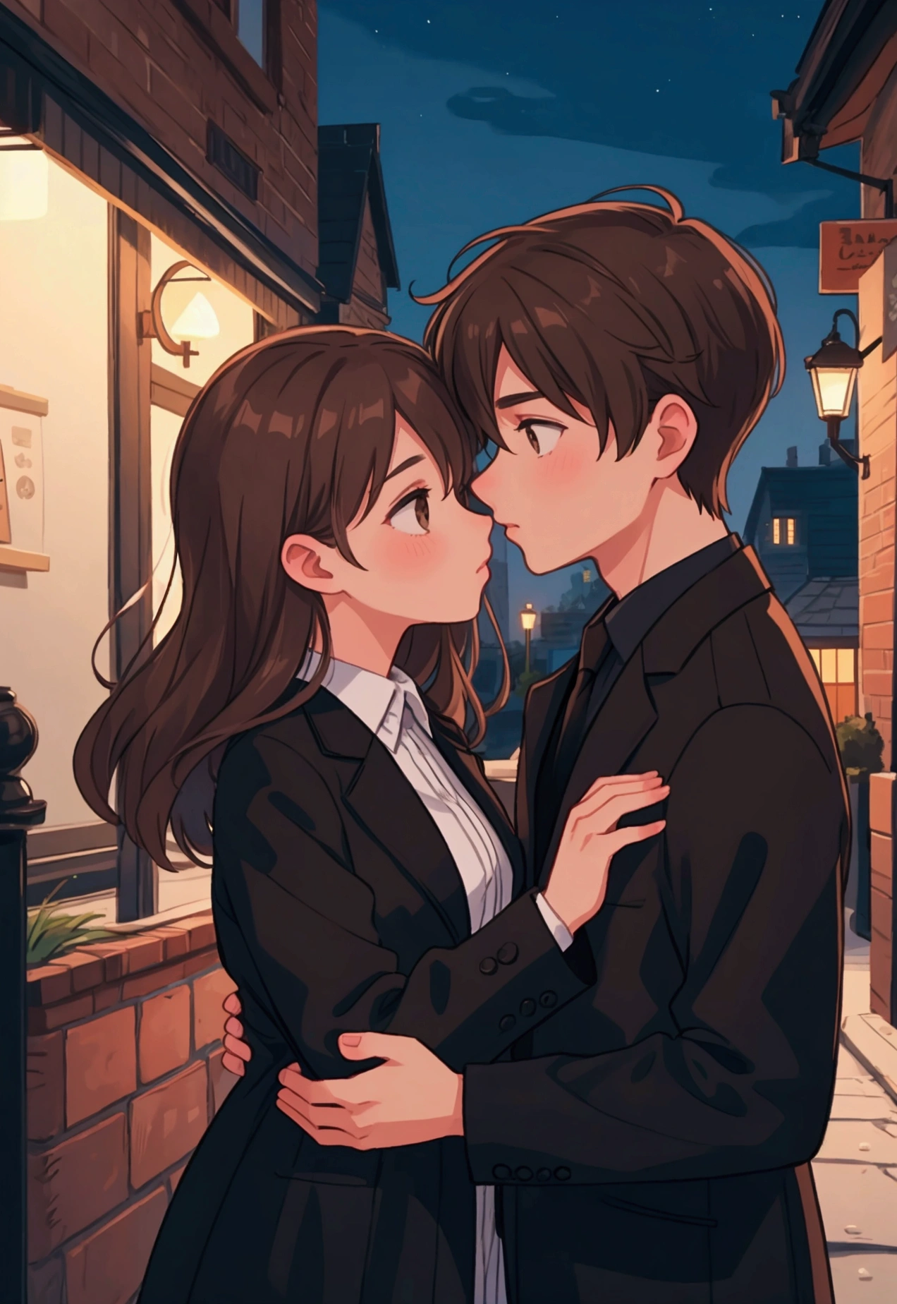 a couple kissing , male and female, brown hair, night time, black jacket