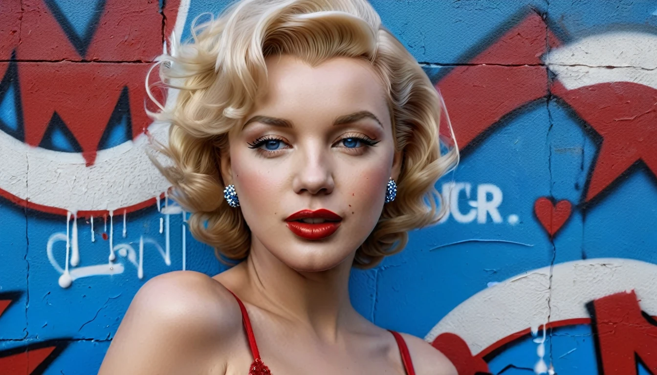 (Best Quality, 4K, 8K, High Resolution, Masterpiece: 1.2), (Super Detailed, Realistic, Photorealistic: 1.37) Marylin Monroe, dressed in a striking tight ensemble of red and blue, stands in front of an urban graffiti mural that reflects the name of "INVICTUSSTORIES" determination. Her charming eyes are exquisitely detailed, capturing every sparkle and depth, while her lips boast a meticulous beauty that is both captivating and seductive. The level of