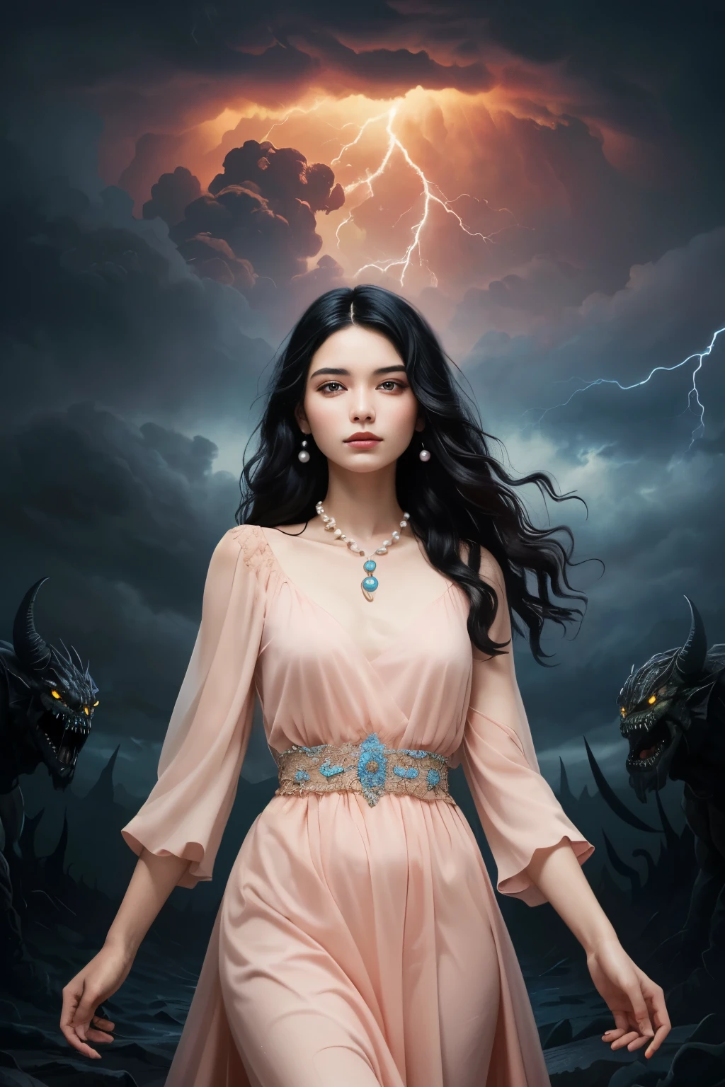 ((best quality)), ((masterpiece)), (detailed), A digital illustration of a young woman in peach color dress with long black hair wearing a pearl locket surrounded by dark storm clouds and monsters. She has a positive energy above her and is holding out her hand as if to ward off the negativity.