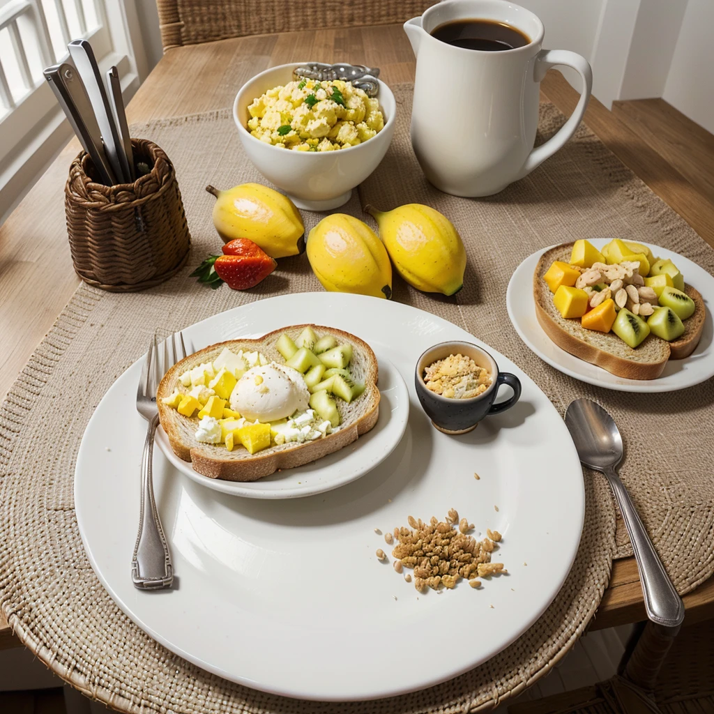 Neatly arranged breakfast setting. The layout includes a white plate with scrambled eggs and two slices of whole wheat toast in the foreground. To the left, there is a grey bowl filled with a colorful assortment of fresh fruit, including banana slices, papaya chunks, and pieces of melon. On the right side, a grey mug with a white heart design contains a frothy beverage, likely coffee. The items are placed on a dark woven placemat, which contrasts with the white table surface beneath it. The overall presentation is clean and inviting, emphasizing a healthy and balanced meal.