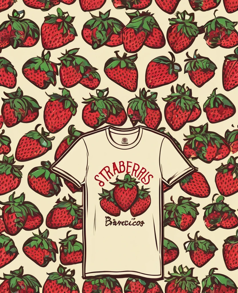 t-shirt design, Strawberries, text logo: BARCELOS text logo