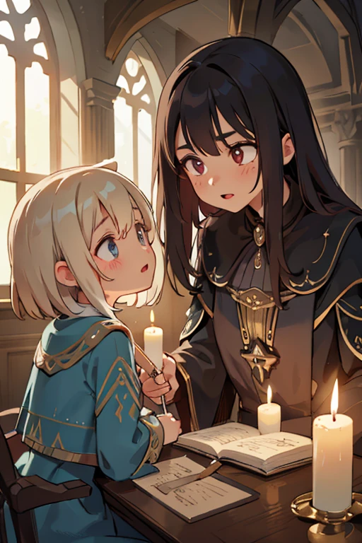 a detailed fantasy scene of three young girls exploring an ancient, mysterious house, extremely detailed eyes and faces, beautiful detailed lips, longeyelashes, highly realistic, photorealistic, 8k, masterpiece, studio lighting, vivid colors, dramatic lighting, ornate architecture, dusty textures, cobweb-covered walls, mysterious atmosphere, sense of discovery, warm light from candles, glowing magical artifacts, capture the essence of this magical and mysterious encounter. Your drawing will be fundamental for the creation of a unique publication, which combines the gothic atmosphere and the charm of the supernatural. Remember to add evocative details, such as candle flames dancing in the dark, shadows moving ominously along the rock walls, . Highlight the aura of mystery and emotion that this forbidden encounter evokes.