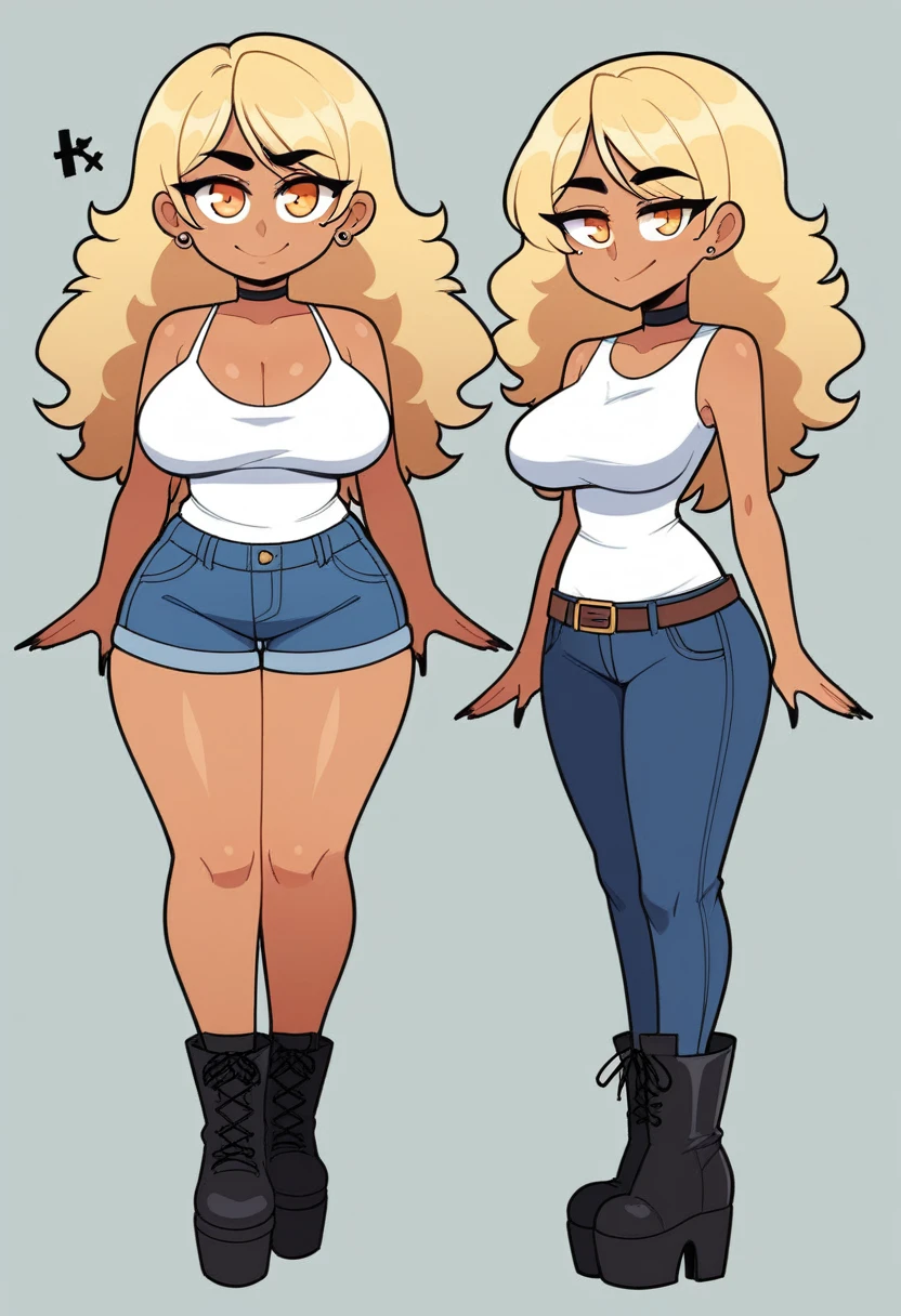 Expressiveh, egirlthot, chibiIcon, , score_9, score_8_up, score_8, (top quality,8k wallpaper),(masterpiece,best quality:1.2), ((source_anime, anime)), 1girl, , goat pupils, gyaru, ((very light blonde hair, long hair, )), old, mother, milf, , ,, tan skin, makeup, tan skin, saggy breasts, saggy, amused eyes, amused smile, , , wide eyes, jealous, jealousy, very jealous, yandere, , , blonde eyebrows, , obsessive, , black mascara, black eyeliner, yellow eyes, , , , , big sister, , large eyes, beauty mark, , giggling, laughing , , athletic , long fingernails,s1z3d1ff_t4lk, taller girl, standing, legs straight, , [[from below]:0.5], pov, eye contact, chibi, icon, cartoon, big head, wide hips, wide torso, plump, big eyes, full body, character sheet, various angles, white tanktop, denim jeans, platform boots, choker, 