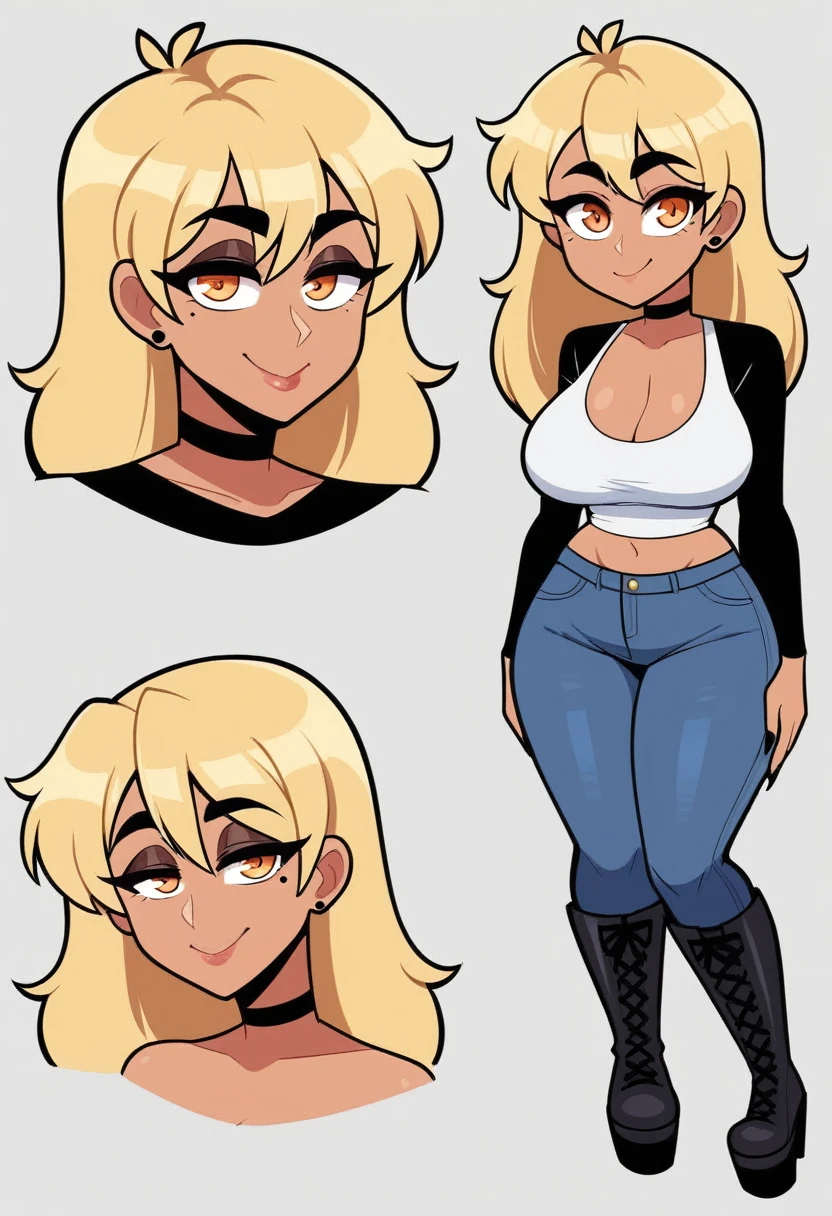 Expressiveh, egirlthot, chibiIcon, , score_9, score_8_up, score_8, (top quality,8k wallpaper),(masterpiece,best quality:1.2), ((source_anime, anime)), 1girl, , goat pupils, gyaru, ((very light blonde hair, long hair, )), old, mother, milf, , ,, tan skin, makeup, tan skin, saggy breasts, saggy, amused eyes, amused smile, , , wide eyes, jealous, jealousy, very jealous, yandere, , , blonde eyebrows, , obsessive, , black mascara, black eyeliner, yellow eyes, , , , , big sister, , large eyes, beauty mark, , giggling, laughing , , athletic , long fingernails,s1z3d1ff_t4lk, taller girl, standing, legs straight, , [[from below]:0.5], pov, eye contact, chibi, icon, cartoon, big head, wide hips, wide torso, plump, big eyes, full body, character sheet, various angles, white tanktop, denim jeans, platform boots, choker, 