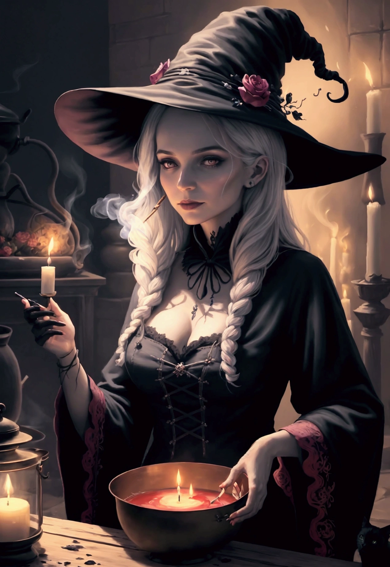 A painting of a beautiful witch in a hat with flowers, in the coven, cooking spells, among smokes, cauldron, black cat, skeletons, potions and spells, lit by old candles, detailed horror illustration in 4K, Realistic