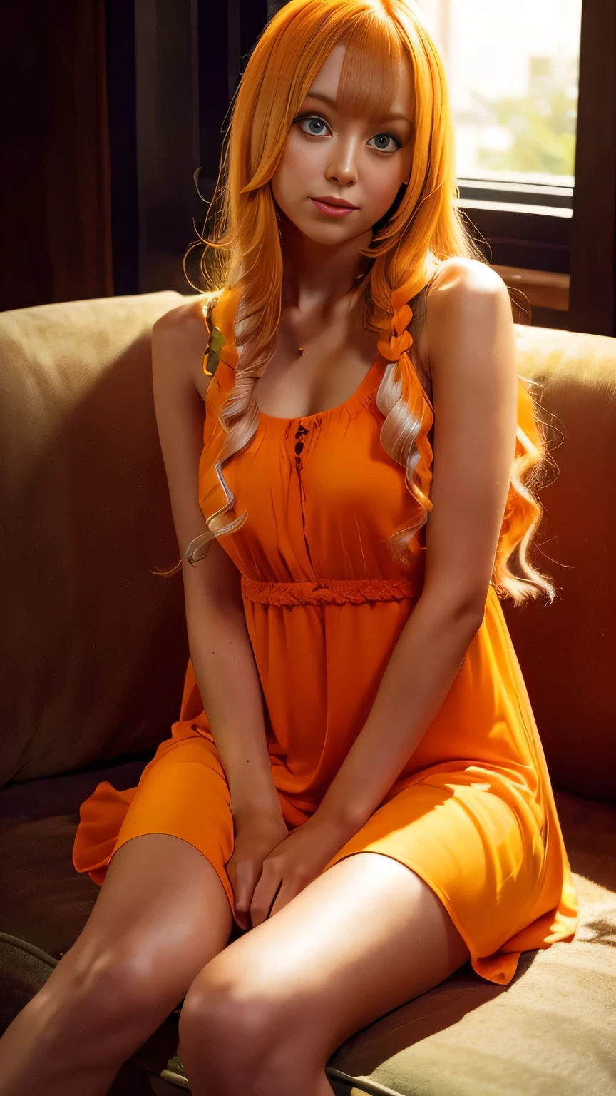 (full body shot of) one girl, translucent orange sundress , long orange hair, green eyes, on a sofa, realistic lighting, camera raw, photorealistic, realistic image, realistic detail, detailed body, detailed face, realistic face, whole legs visible