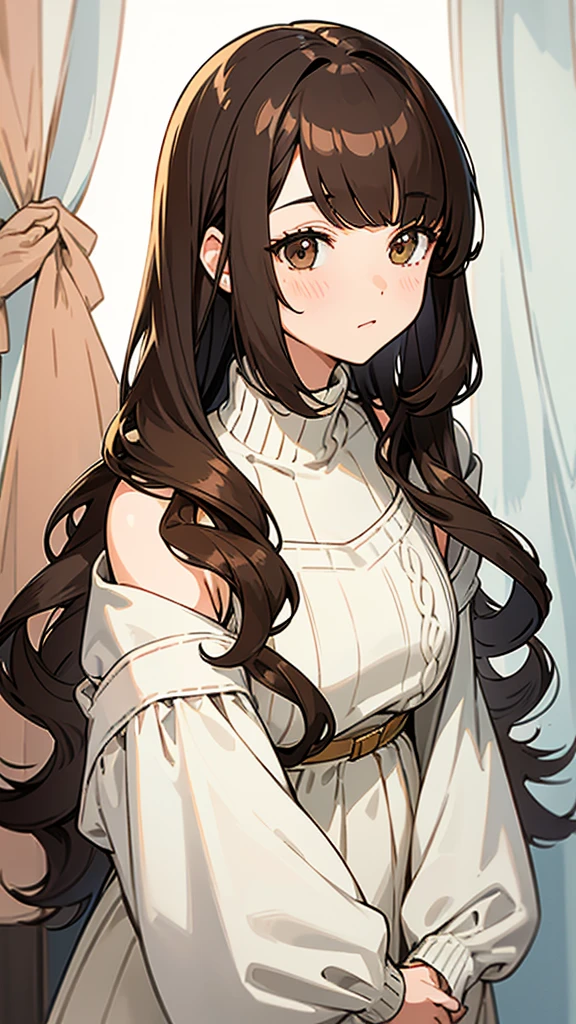 Illustration of a close up of a woman with a sweater on and a sweater over her shoulders, curtain bangs, neat hair with bangs, white hime cut hairstyle, the hime cut, center parted bangs, shoulder-length hair, shoulder - length hair, brown bangs, brown hair with bangs, wavy shoulder-length hair, long hair with bangs, with bangs