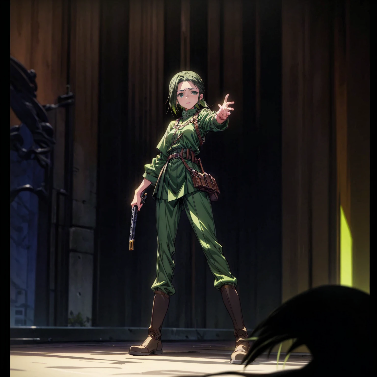 1girl, Full body version, 1character, green eyes, long haircut, green color hair, soldier style clothing, black color clothing, brown boots, Grassroots, background in city street, motion blur, lighting, (detective conan style art), standing gesture, shotgun in hand 