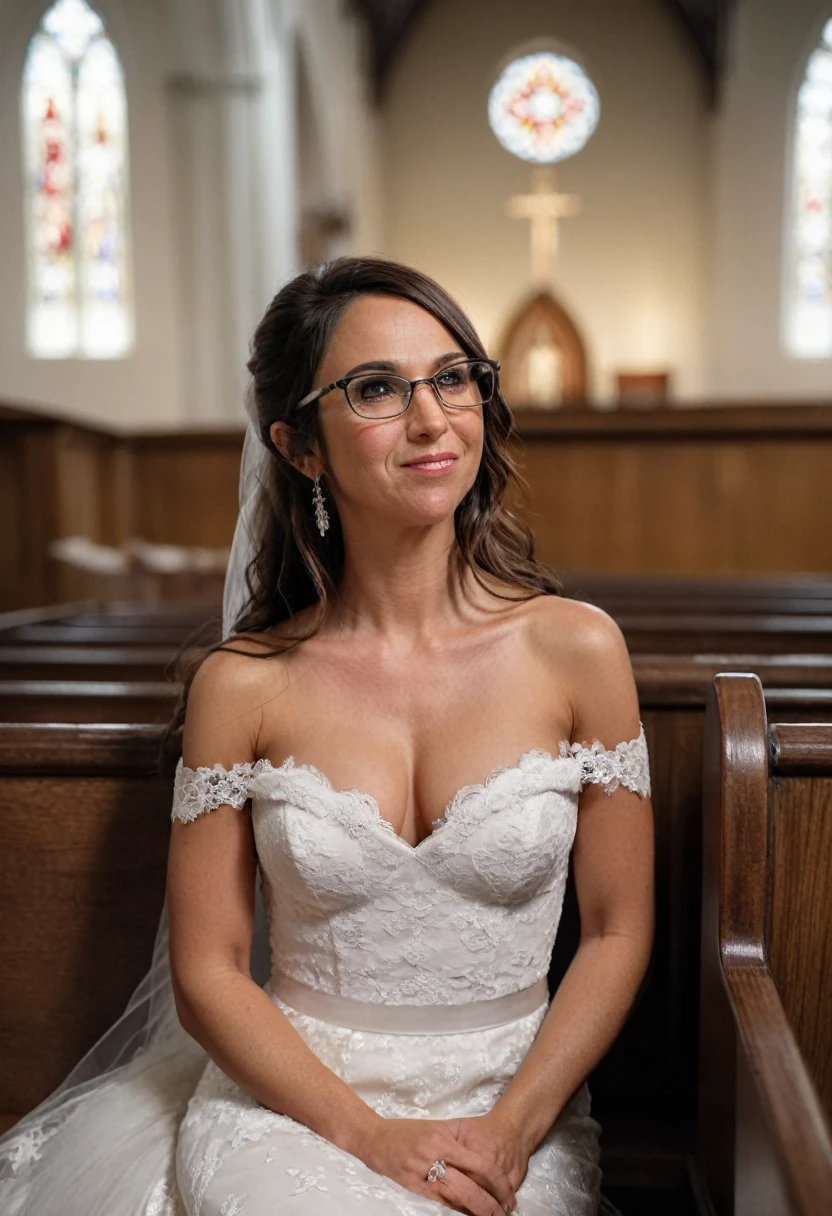 Lauren Boebert, full body shot, 35 year old woman, glasses, brown eyes, beautiful hair, wrinkles under eyes, wedding dress, lace, off shoulder, cleavage, sitting in church pew, bokeh,f1.4,40mm,photorealistic,raw,8k,skin pores,dried-up,textured skin,intricate details,dramatic light,award winning,style by Dan Winters,RAW photography,film grain,(indistinguishable from reality:1.4),photo taken with a Bolex H16,captivating eyes,smiling,charming,striking features,character,thorough,