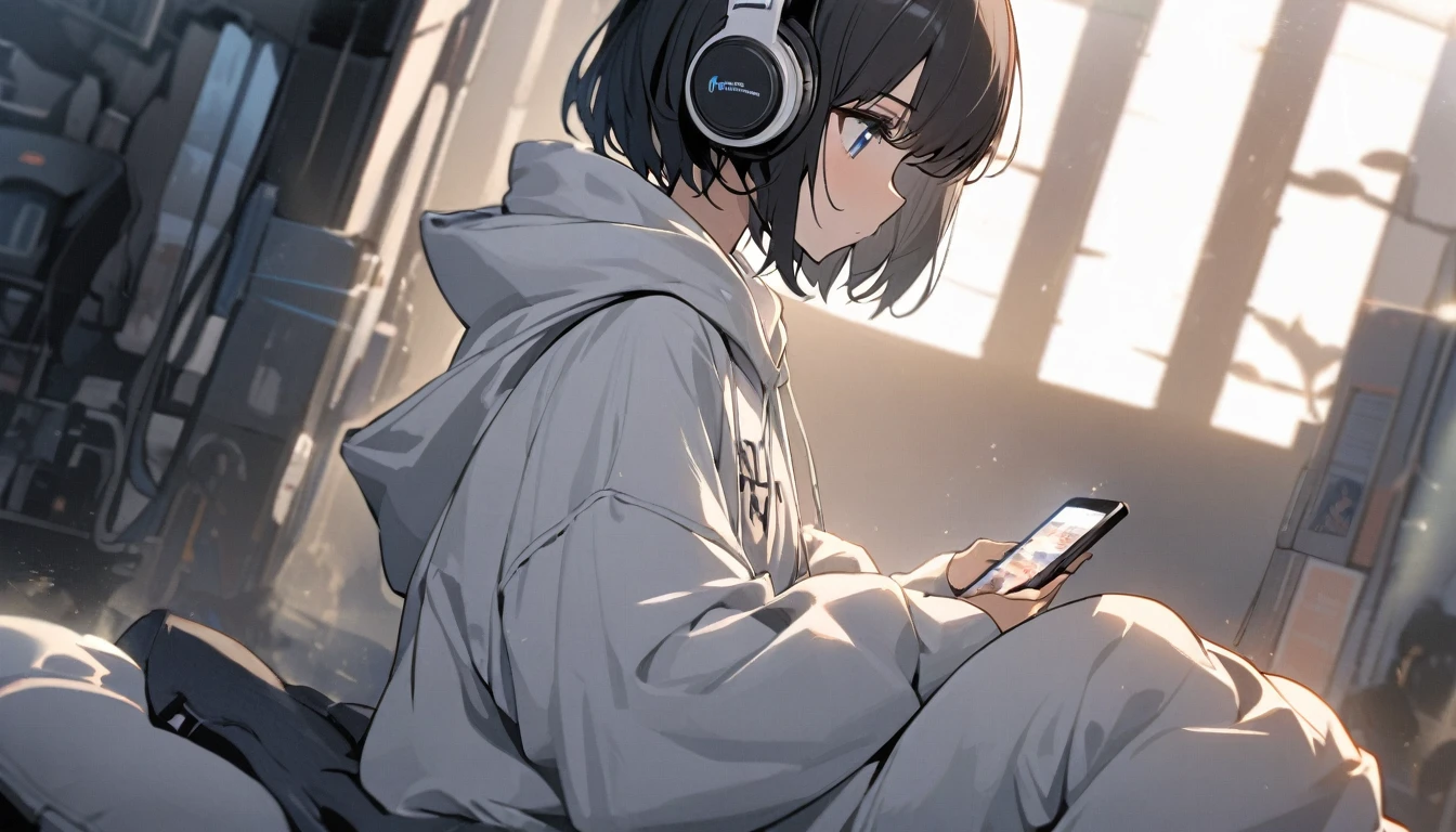 beautiful 1girl, solo, flat chest, short hair, black hair, blue eyes, Beautiful depiction,, girl in an oversized white hoodie, Wearing headphones, sports baggy pants and beanies. The angle of the side view is、shows that she is immersed in her phone, I don&#39;t notice the oncoming train. Captivating long shots that highlight the surroundings." ((alone)), in a train subway