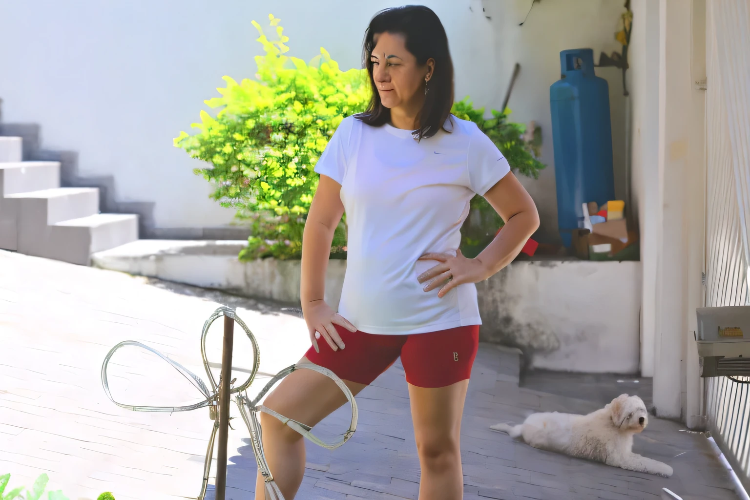 there is a woman standing on a sidewalk with a dog, cropped red yoga short, wearing red shorts, wearing shorts and t shirt, short robust woman, in shorts, short in stature, breeches, white t-shirt with red sleeves, cottagecore!! fitness body, full length shot, tan skin a tee shirt and shorts, shorts