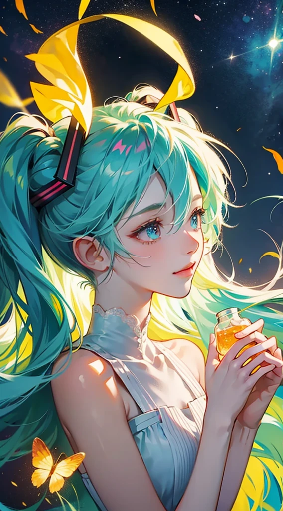 vibrant, magical, 1boy pale, 1girl tan, lovers, hand-kiss, night-sky, fireflies, Hatsune Miku, light eyes,