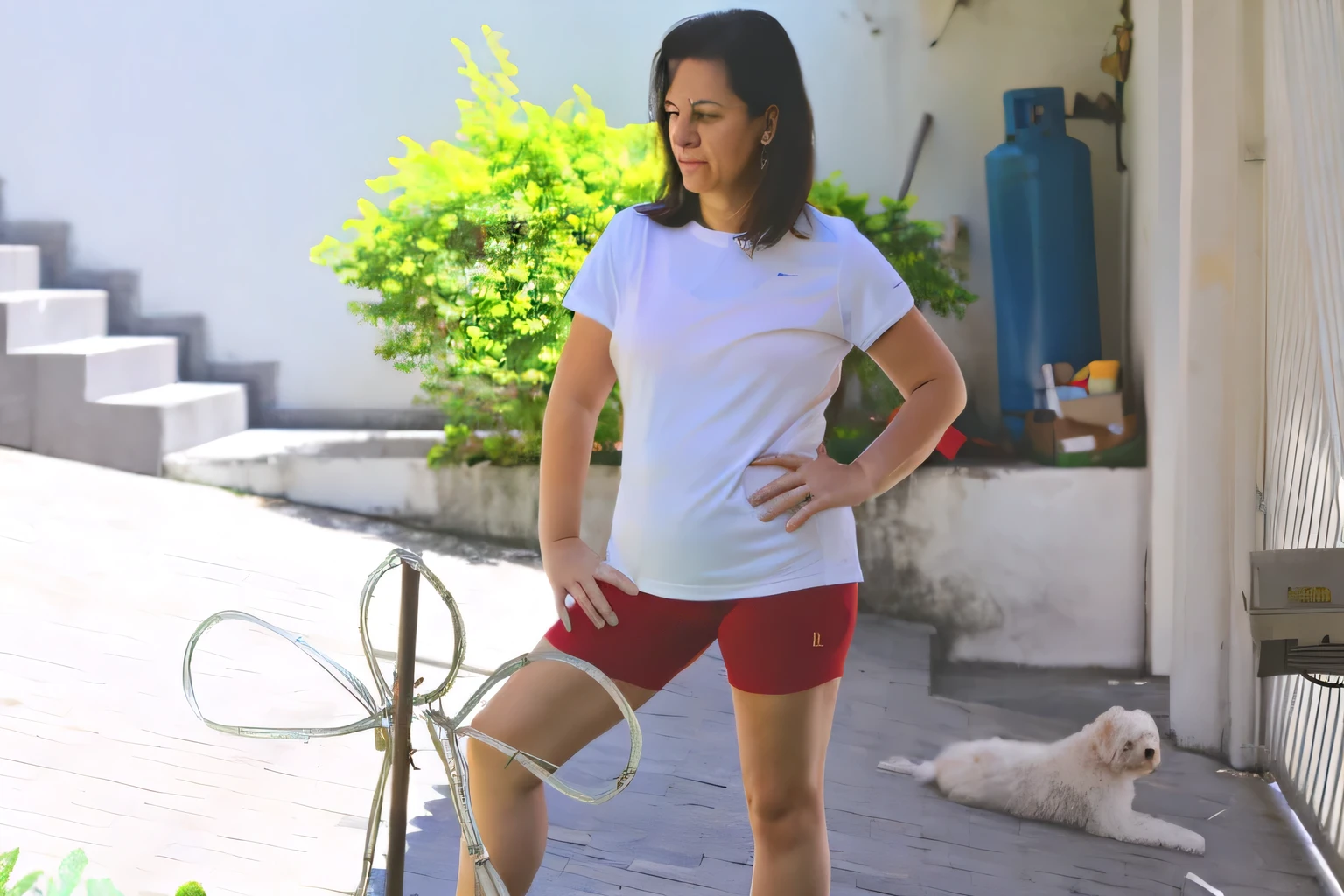 there is a woman standing on a sidewalk with a dog, cropped red yoga short, wearing red shorts, wearing shorts and t shirt, short robust woman, in shorts, short in stature, breeches, white t-shirt with red sleeves, cottagecore!! fitness body, full length shot, tan skin a tee shirt and shorts, shorts