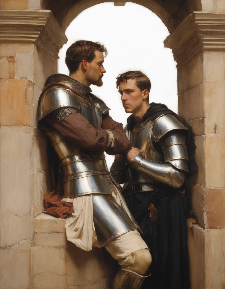 ((Masterpiece, best quality, oil painting)), (by John William Waterhouse, by J. C. Leyendecker), (((half body portrait of 2 men, bored and frustrated knights, blushing, flirting and leaning lustfully while spying on someone through a hole in a wall))).