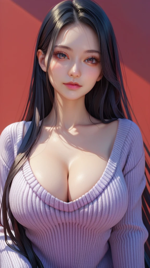 ,score_9,score_8_up,score_7_up, 20 years old, 8k, hd, beautiful girl, black hair, very long hair, straight hair, closed mouth,((( cleavage))) , Breast uncovered,
1girl, detailed face, beautiful woman's face, sweater, red background, looking at Viewer,