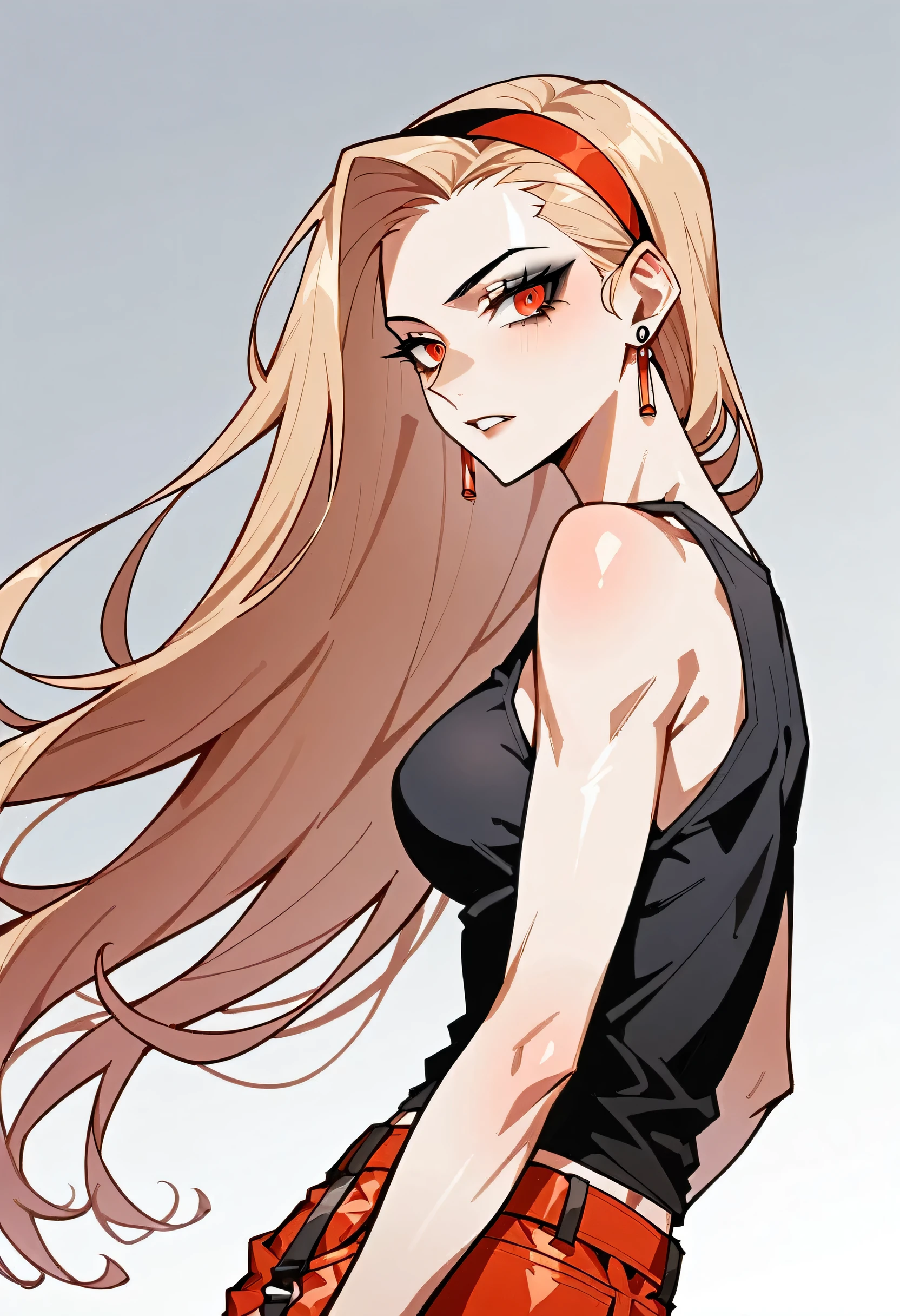 check_9, check_8_up, check_7_up, rating_safe, adult woman, tight black tank top with straps:1.2, very pale skin, earrings, long light hair, hair band, black makeup, red shorts, source_anime