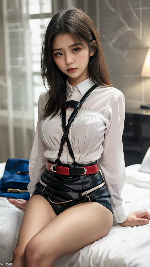 muste piece, best quality, illustration, Super detailed, fine details, High resolution, 8K,wall paper, perfect dynamic composition,(Details High quality, realistic depiction of eyes:1.3), (Fashionable, a belt black suspenders, Aside Cutter Shirt, a miniskirt, garterbelts), short bob hair, large breasts, black hair color, Big Natural Color Lip, (perfect body shape), crying a little、cold gaze, Harajuku style、20 year old girl、cute type、lolita、beautiful legs, hotel room, Gravure Idol, Voluptuous thighs, (woman on top, straddling, sitting)