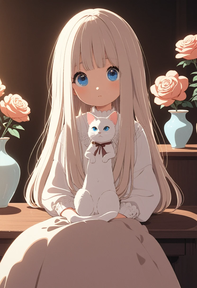 A white longhaired cat with blue eyes, sitting on a table next to pink roses in vases, in a front view, closeup shot of its entire body, in natural light, with warm colors, in an indoor environment, with soft lighting, with clear details, cartoon style, style of Hayao Miyazaki.