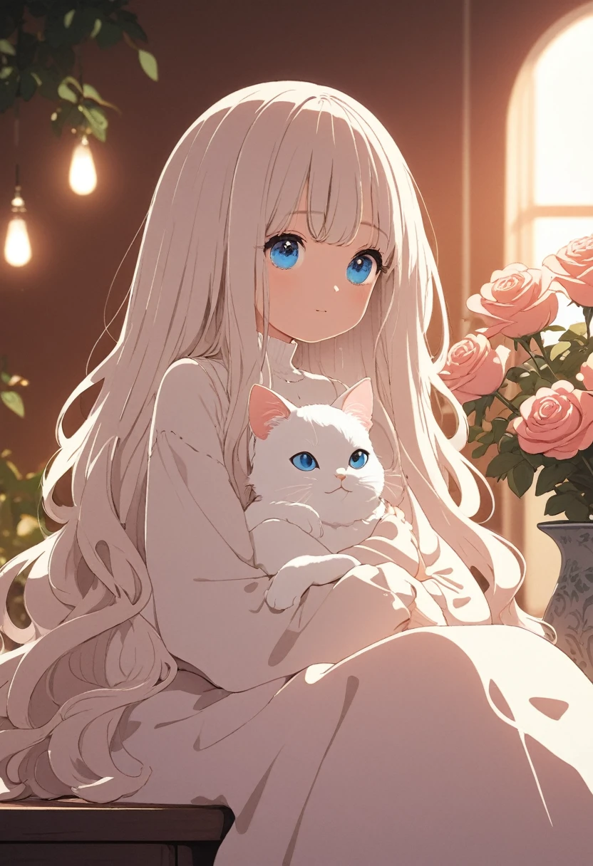 A white longhaired cat with blue eyes, sitting on a table next to pink roses in vases, in a front view, closeup shot of its entire body, in natural light, with warm colors, in an indoor environment, with soft lighting, with clear details, cartoon style, style of Hayao Miyazaki.
