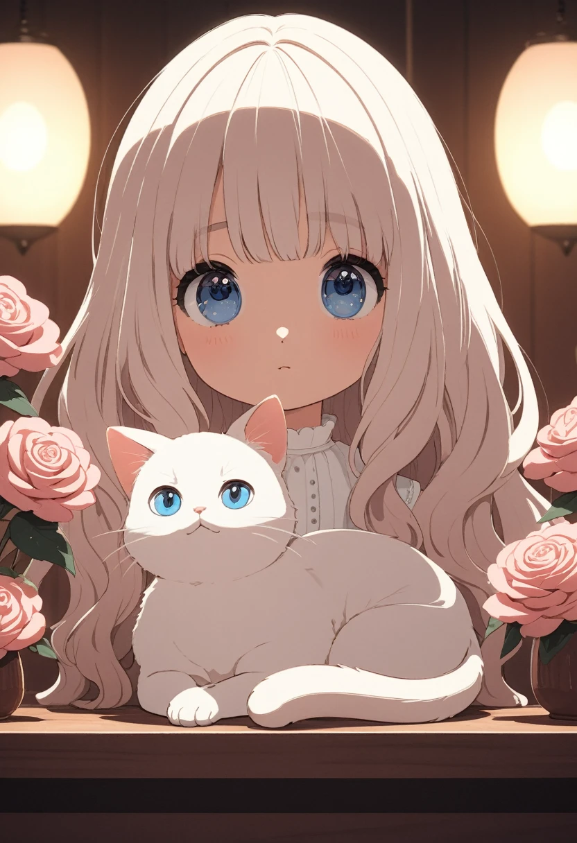 A white longhaired cat with blue eyes, sitting on a table next to pink roses in vases, in a front view, closeup shot of its entire body, in natural light, with warm colors, in an indoor environment, with soft lighting, with clear details, cartoon style, style of Hayao Miyazaki.