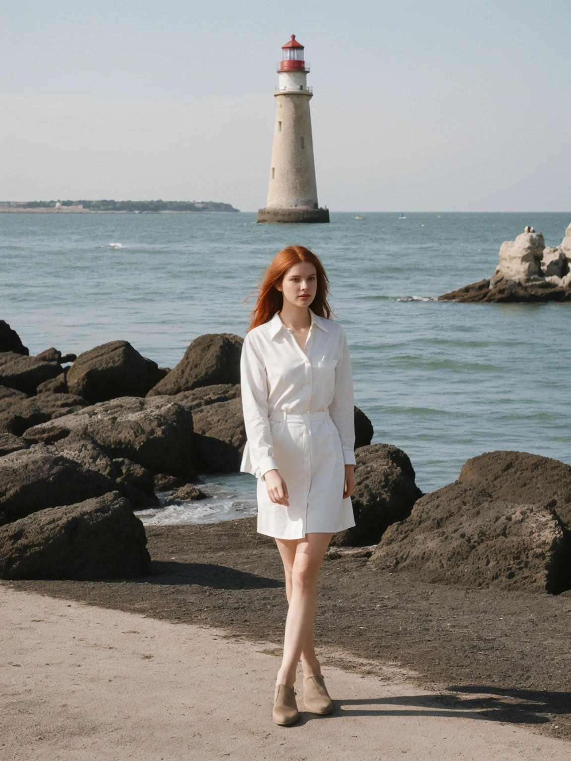 her name is Amelie, high quality, 1girl, ((25-year-old fit Caucasian woman)), ((Caucasian body)) ,((25 years old)), ((fit )), ((long auburn hair)), pose: standing, wearing fashionable Generation-Z modern wear different colored, BACKGROUND: "Walking along the Grande Plage, with its beautiful coastline and historic lighthouse."