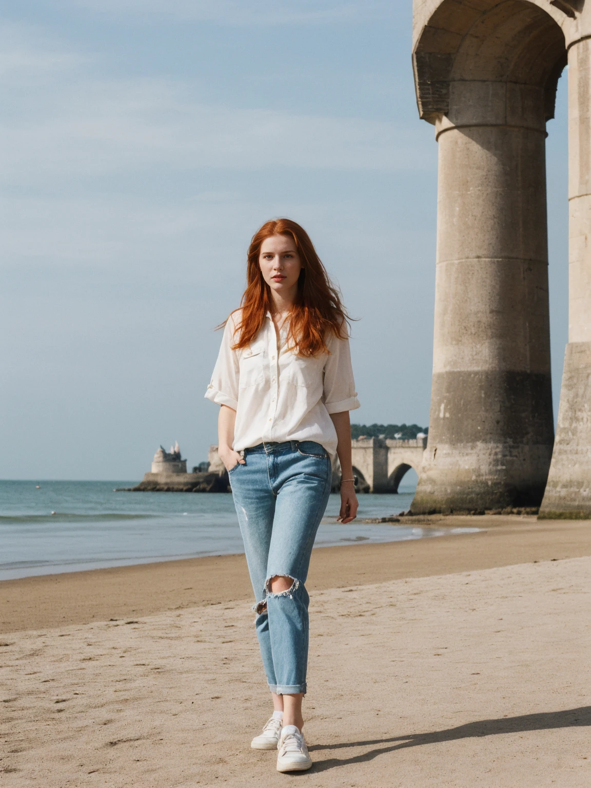 her name is Amelie, high quality, 1girl, ((25-year-old fit Caucasian woman)), ((Caucasian body)) ,((25 years old)), ((fit )), ((long auburn hair)), pose: standing, wearing fashionable Generation-Z modern wear different colored, BACKGROUND: "Walking along the Grande Plage, with its beautiful coastline and historic lighthouse."