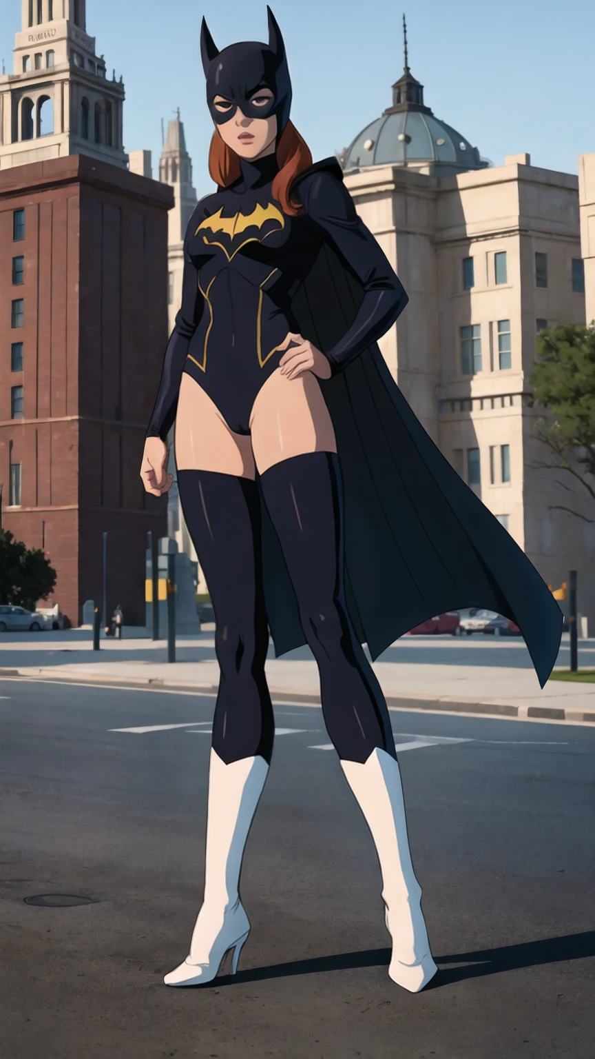 masterpiece, best quality, agrias, grey sweater, tight black leotard, standing, looking at viewer, blonde hair, superhero, bare legs, matching thigh-high boots, city backdrop