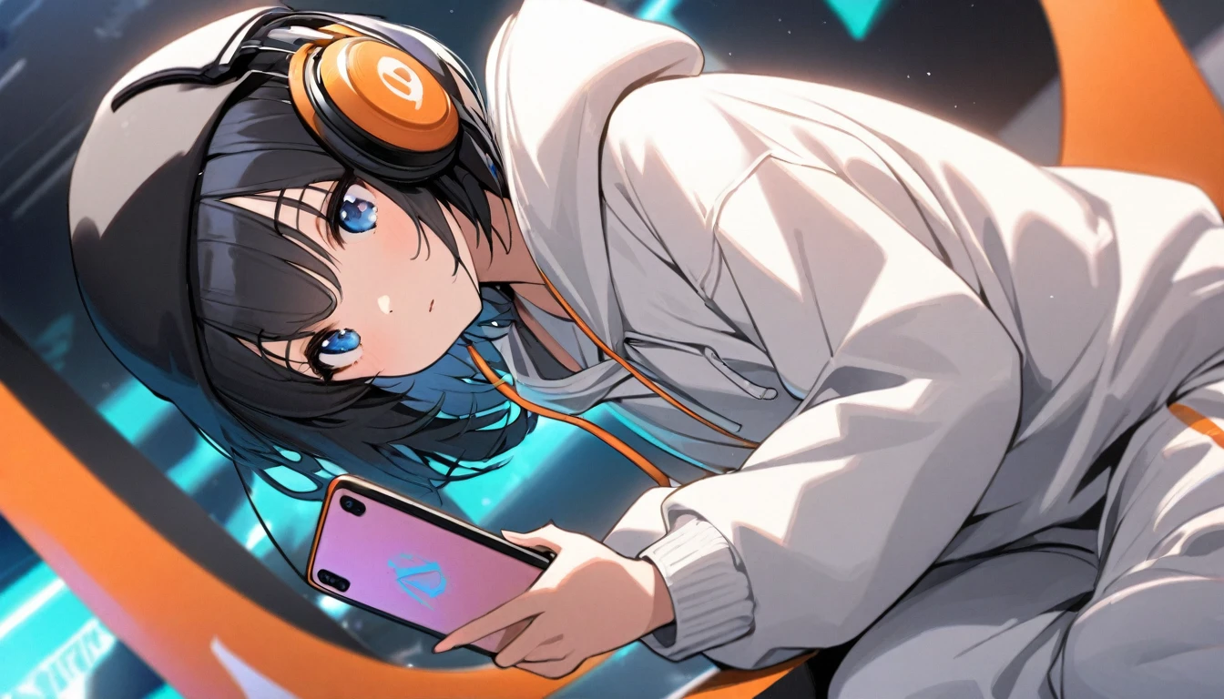 beautiful 1girl, solo, flat chest, short hair, black hair, blue eyes, Beautiful depiction,, girl in an oversized white hoodie, Wearing headphones, sports baggy pants and beanies. The angle of the side view is、shows that she is immersed in her phone, I don&#39;t notice the oncoming train. Captivating long shots that highlight the surroundings." ((alone)), in a cafe, beside a window where outside is snowing
