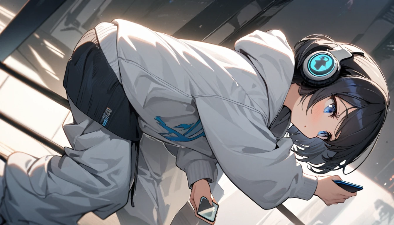beautiful 1girl, solo, flat chest, short hair, black hair, blue eyes, Beautiful depiction,, girl in an oversized white hoodie, Wearing headphones, sports baggy pants and beanies. The angle of the side view is、shows that she is immersed in her phone, I don't notice the oncoming train. Captivating long shots that highlight the surroundings." ((alone)), in a cafe, beside a window where outside is snowing