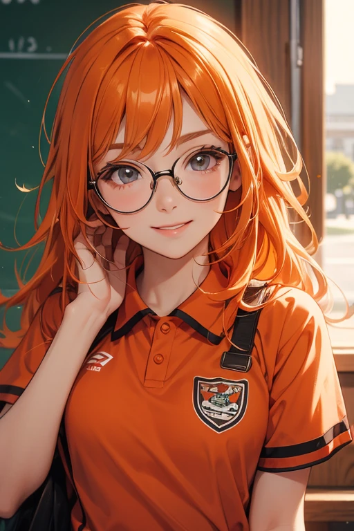 Teenage girl orange haired wears glasses. wears a bright red school soccer uniform. Smile