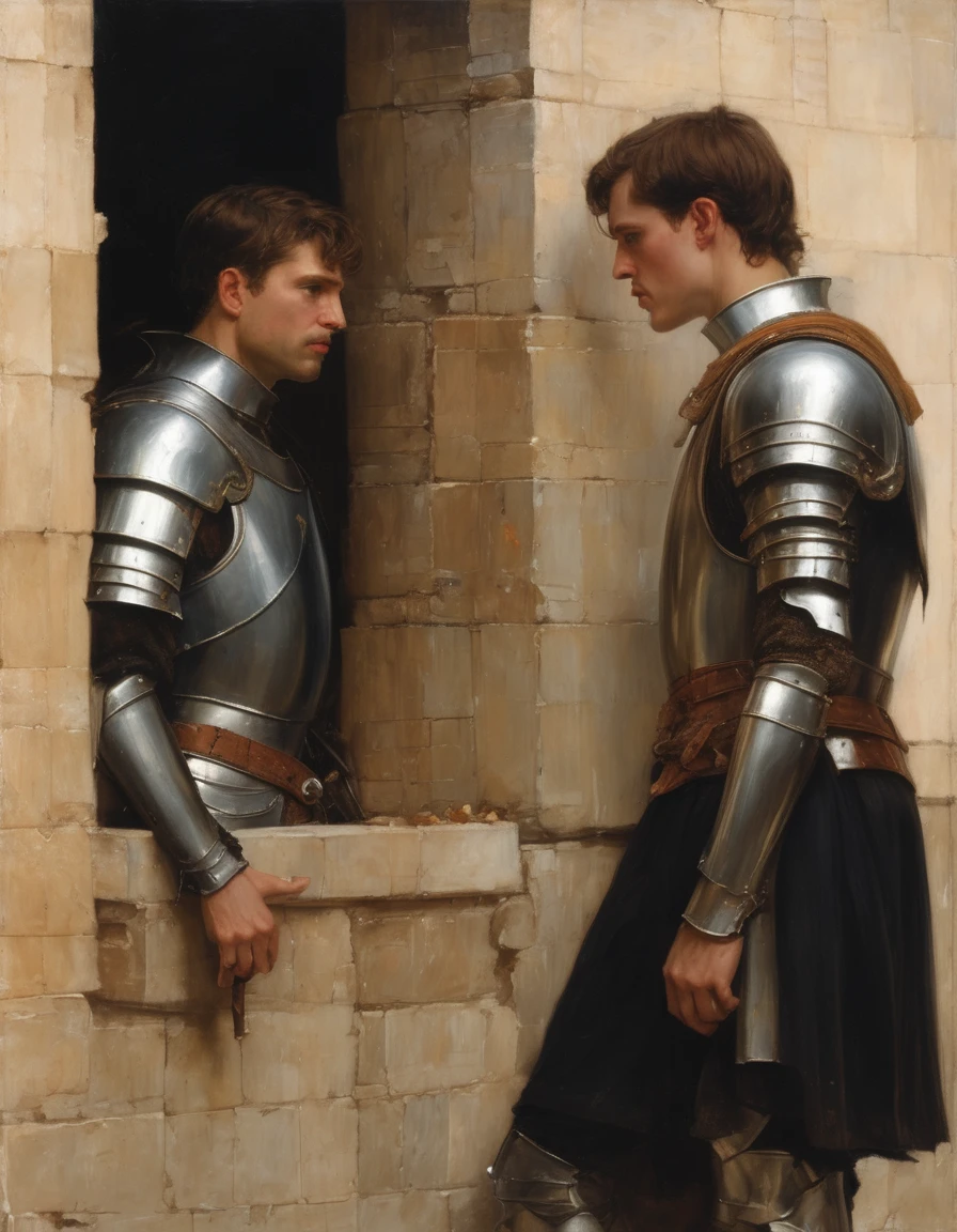 ((Masterpiece, best quality, oil painting)), (by John William Waterhouse, by J. C. Leyendecker), (((half body portrait of 2 men, bored and frustrated knights, blushing, flirting and leaning lustfully while spying on someone through a hole in a wall))).